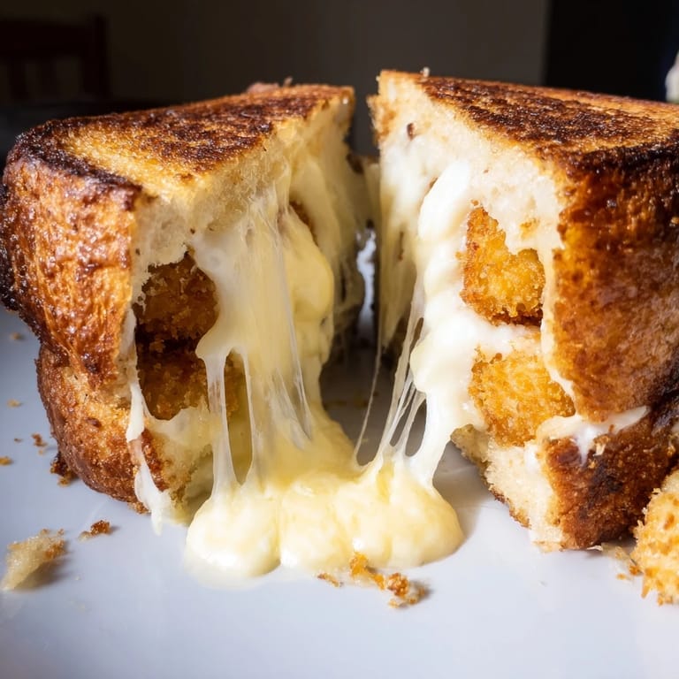 Freshly grilled Mozzarella Stick Grilled Cheese on a wooden board, with golden crust, visible mozzarella stick filling, and a side of marinara for dipping.