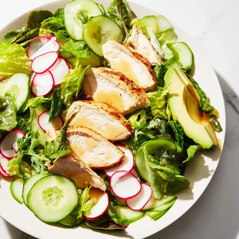 Spring Detox Chicken Salad features tender grilled chicken, creamy avocado, and vibrant radishes atop a bed of greens with zesty dressing.