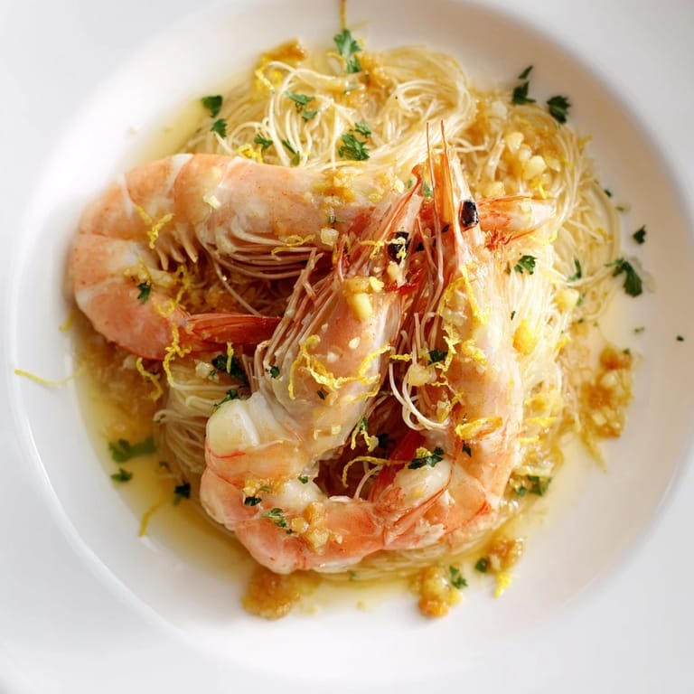 Twirls of delicate angel hair pasta hold plump, pink shrimp in a shimmering lemon butter sauce, ready to be served with extra lemon wedges.