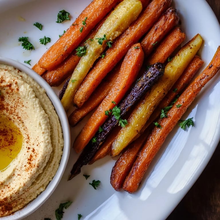 Colorful rainbow carrots and hummus arranged for sharing, with tender roasted vegetables and smooth homemade hummus ready for dipping.