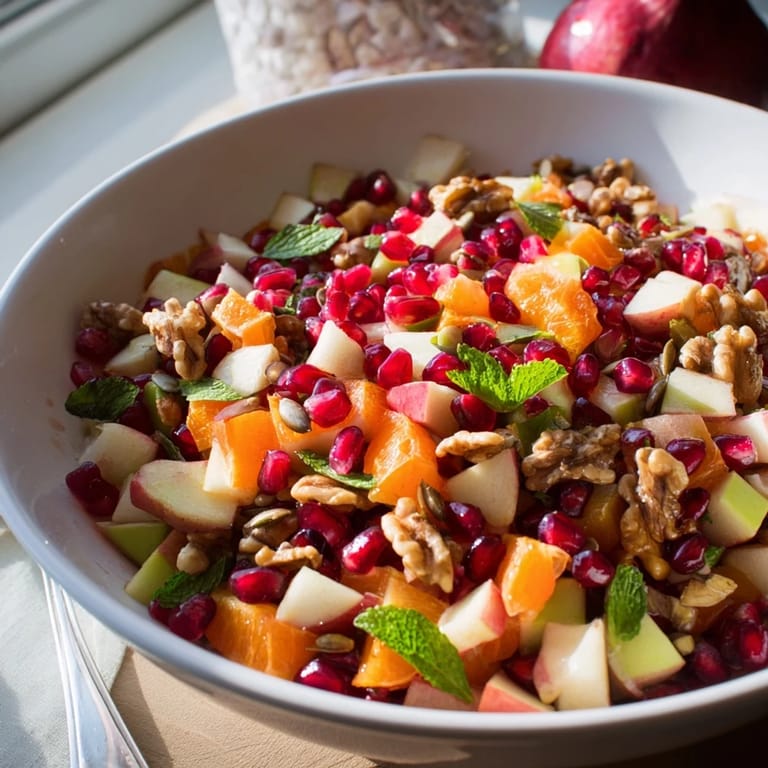 Overhead shot of Pomegranate and Walnut Salad with colorful orange segments, pumpkin seeds, and sunflower seeds, ready for a healthy winter lunch.