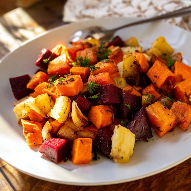 A vibrant Roasted Root Vegetable Medley, showcasing tender beets and rutabaga glistening with rosemary and thyme.