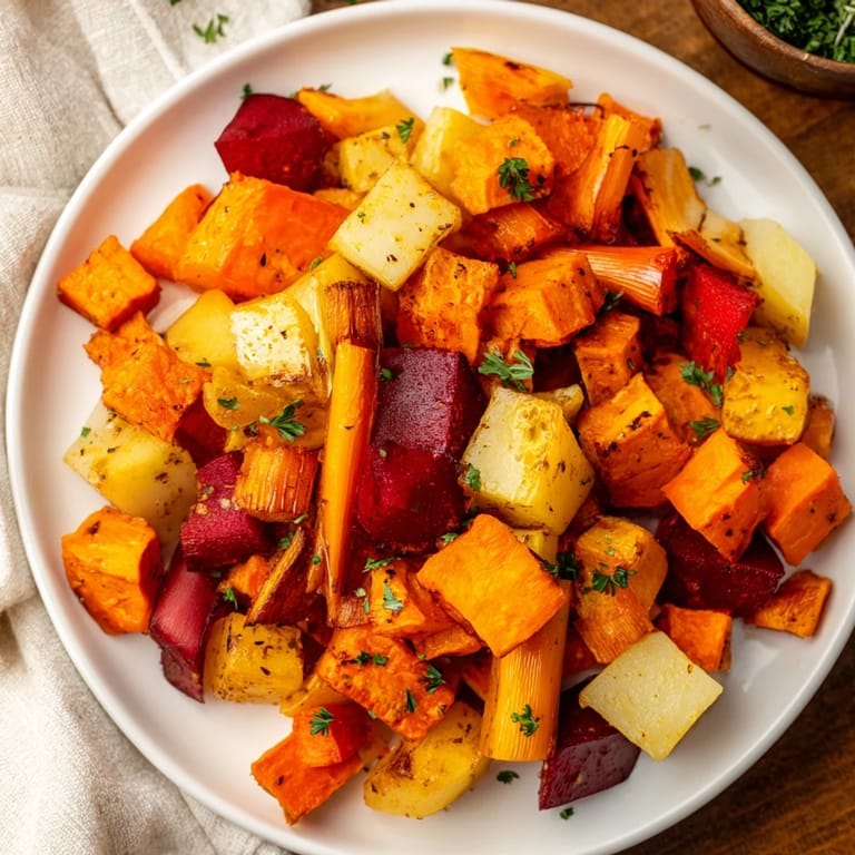 Golden Roasted Root Vegetable Medley, served warm in a rustic dish, perfect for a hearty vegetarian side.