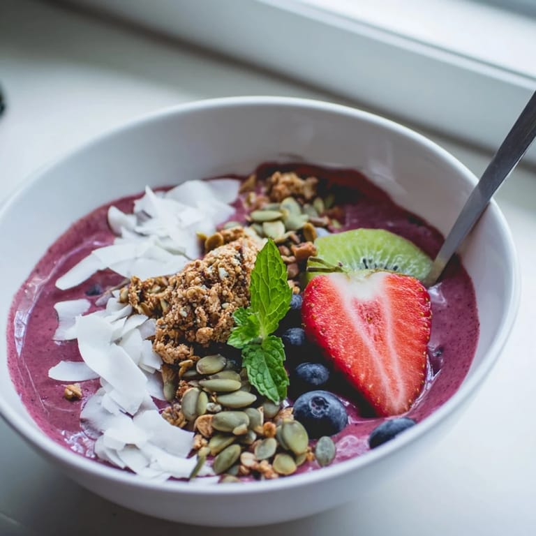 Two servings of colorful Beet and Berry Smoothie Bowl garnished with assorted berries and shredded coconut, ready to eat.