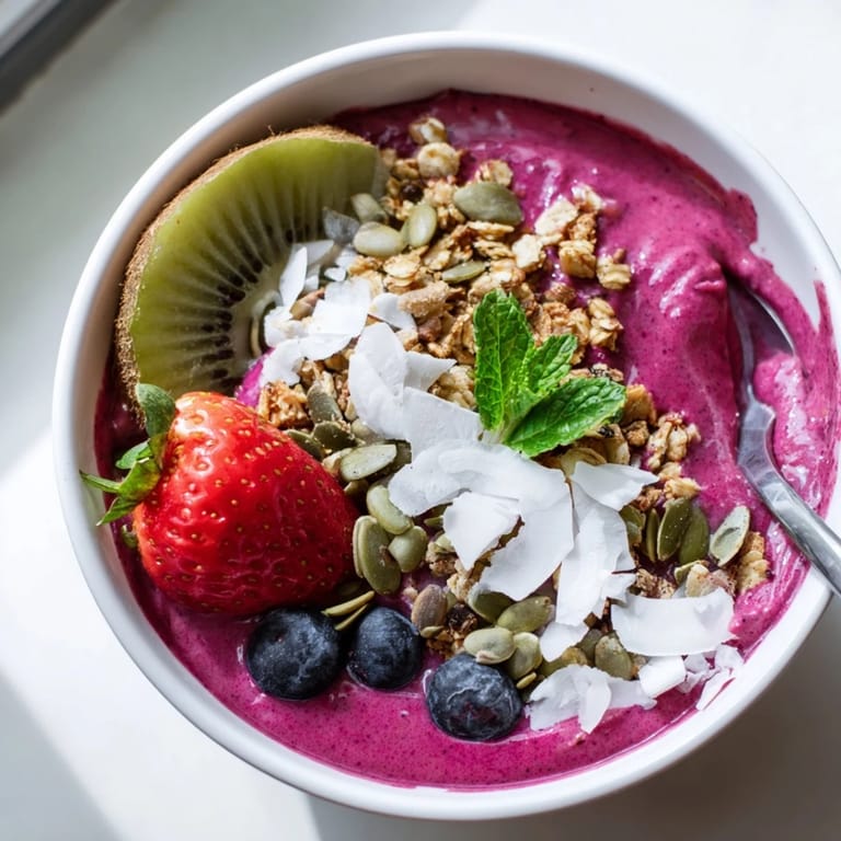 Thick, creamy Beet and Berry Smoothie Bowl topped with pumpkin seeds and kiwi slices, perfect for a healthy breakfast.