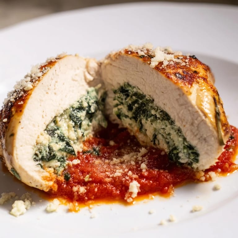 Juicy, tender chicken breasts stuffed with creamy spinach and ricotta, served steaming hot over a bed of al dente pasta.