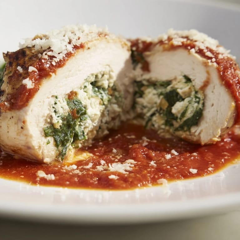 Spinach Ricotta Stuffed Chicken resting in a skillet of vibrant tomato sauce, ready to be paired with crusty Italian bread.