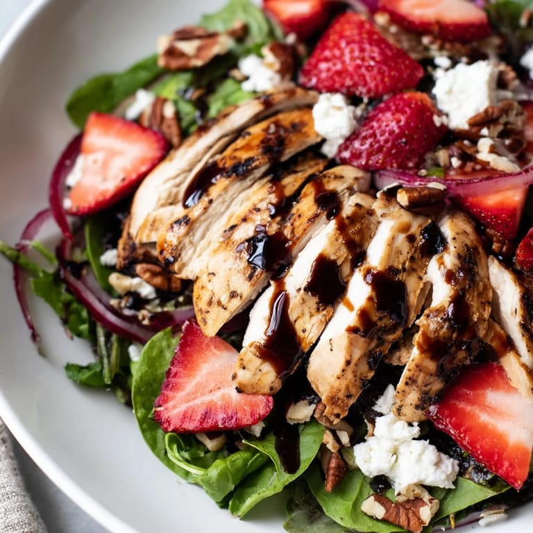 Honey Balsamic Chicken Salad served on white plates, featuring red onion slices and toasted pecans for a vibrant lunch.
