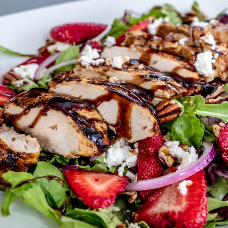 Sliced grilled chicken, fresh strawberries, and creamy goat cheese drenched in honey balsamic glaze on a bed of greens.