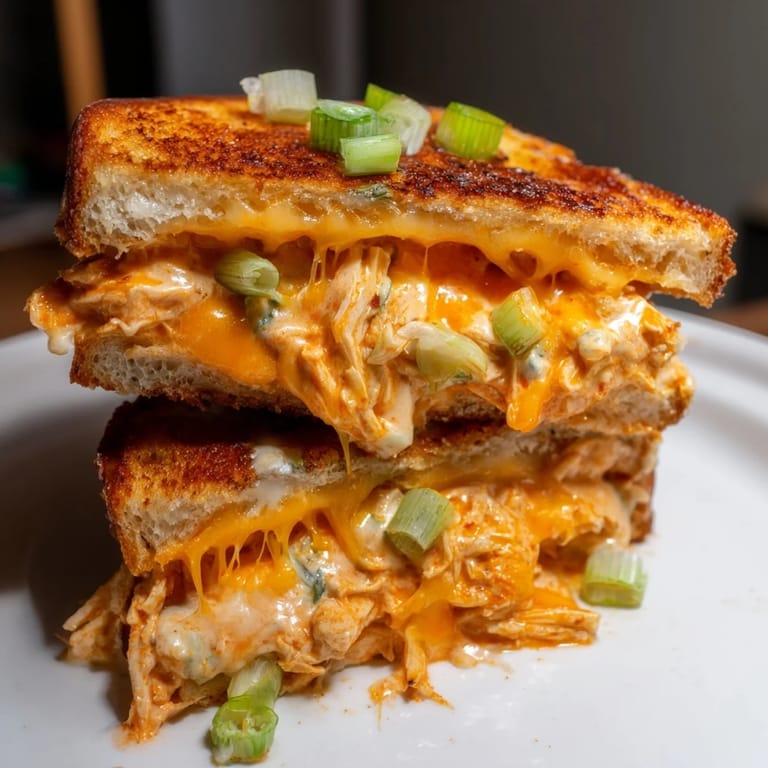 Buffalo Chicken Ranch Grilled Cheese halves stacked on a plate, revealing a savory, gooey layer of shredded chicken and sharp cheddar.