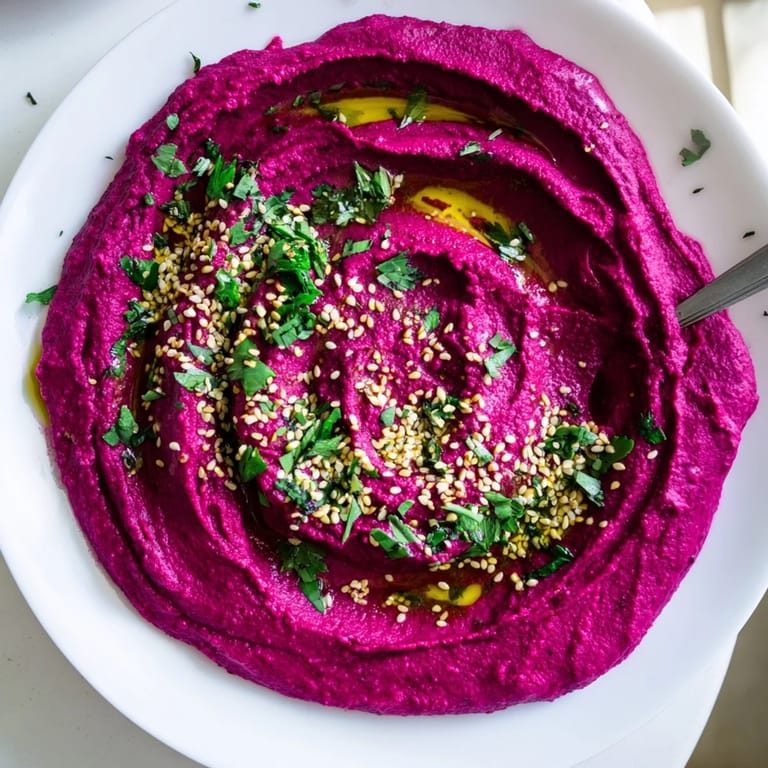 Bright pink Roasted Beet Hummus, drizzled with olive oil, served warm.