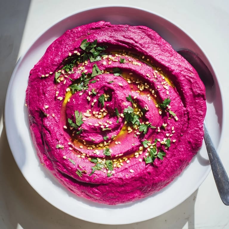 Earthy Roasted Beet Hummus bowl, a healthy vegan appetizer, glistening.