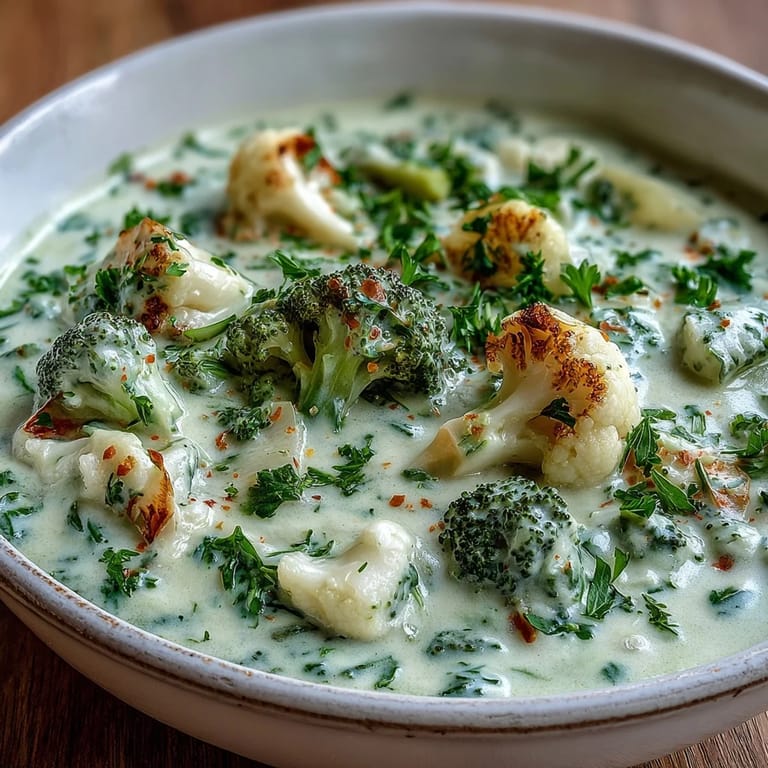 A velvety pot of Creamy Vegetable Soup simmering on the stove, filled with carrots, broccoli, and cauliflower.