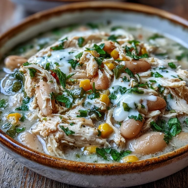 Comforting White Chicken Chili in a rustic bowl, garnished with fresh cilantro and shredded cheese, perfect for cold nights.