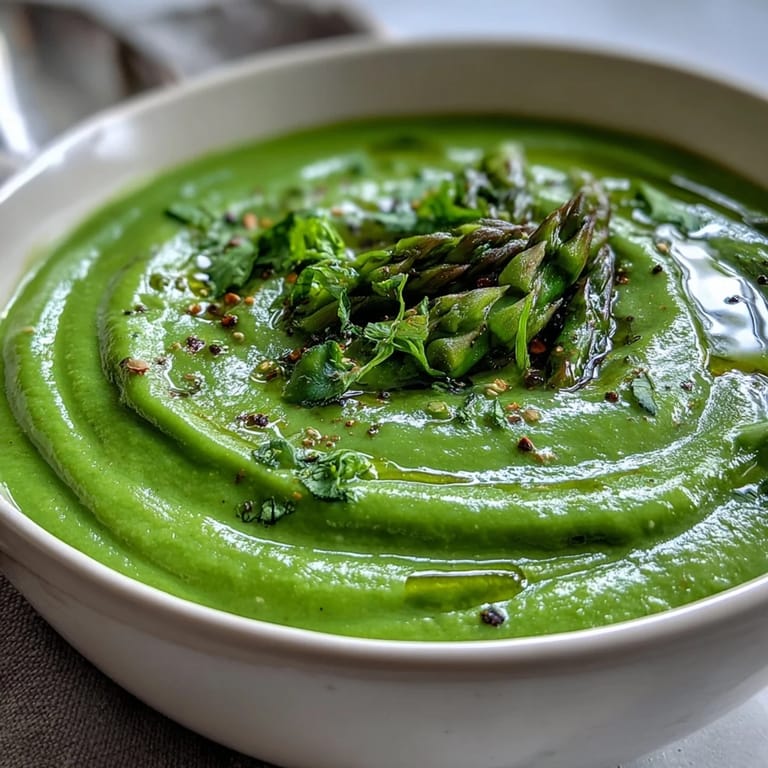 Silky smooth Big Green Immunity-Boosting Vegetable Soup featuring asparagus, spinach, and cashew cream, topped with a lemon wedge and olive oil drizzle.