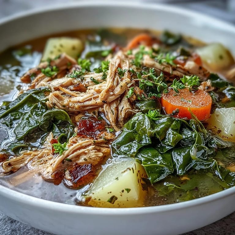 Close-up of Collard Greens, Chicken and Vegetable Soup garnished with fresh herbs, served alongside warm cornbread.