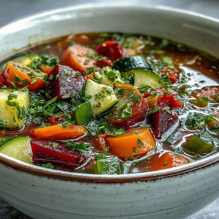 A nourishing pot of Rainbow Vegetable Detox Soup features chopped beets, carrots, and tomatoes simmering in rich broth.