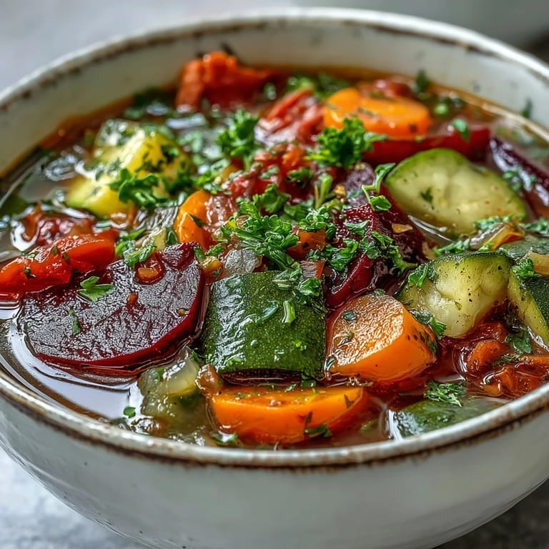 Serving of vibrant Rainbow Vegetable Detox Soup topped with fresh herbs, ready for a light, healthy dinner.