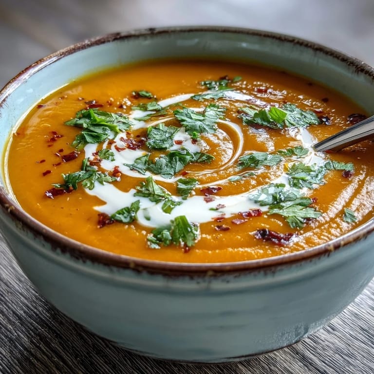 A pot of simmering Carrot, Celeriac and Chilli Soup showing diced orange carrots and pale celeriac in a rich broth. 