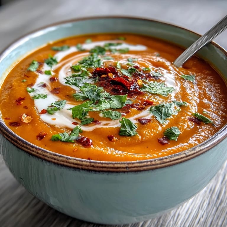 Close up of a ladle serving creamy Carrot, Celeriac and Chilli Soup into a rustic ceramic bowl.