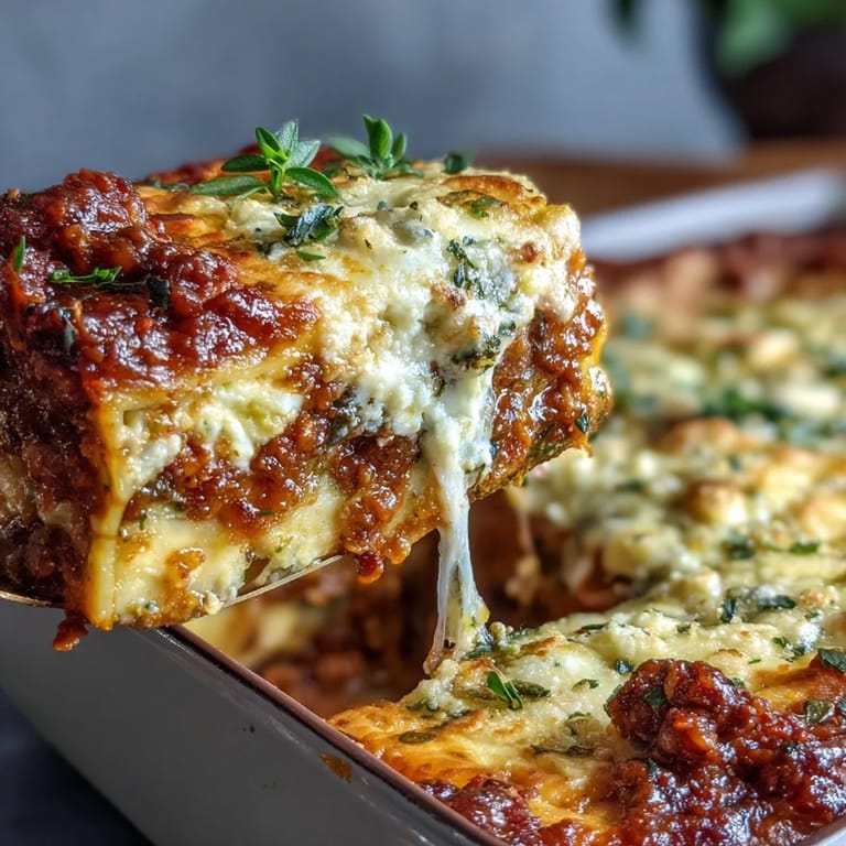 Layers of no-boil lasagne sheets, creamy ricotta, and smoky lentil vegetable bolognese in the One-Pan Smoky Veggie Lentil Lasagne.