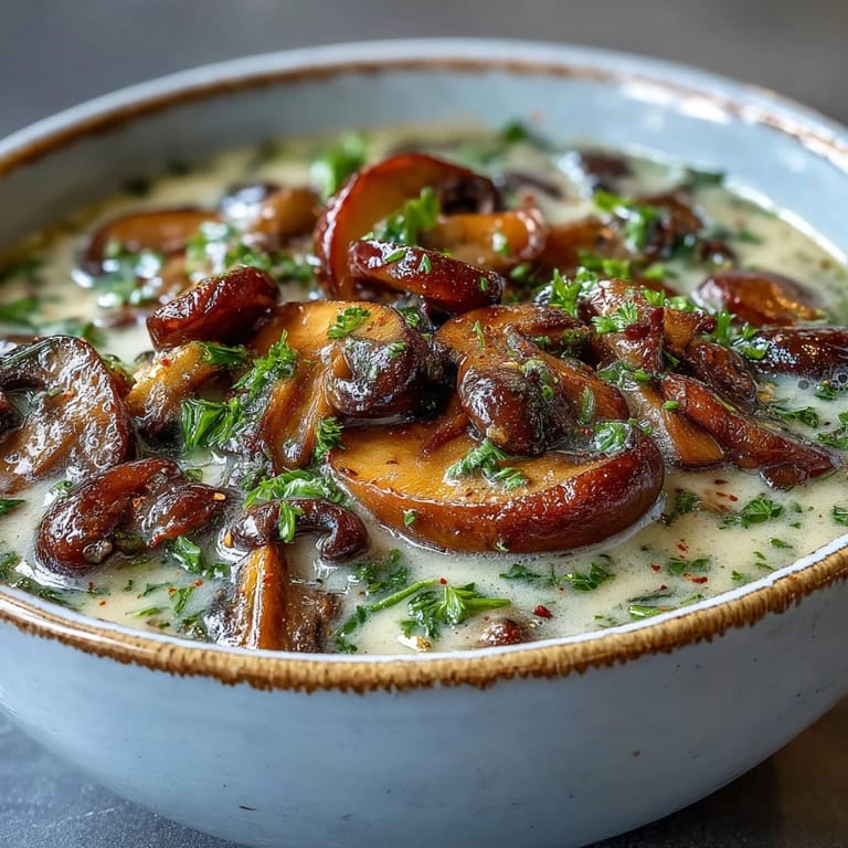A ladle pours a rich Creamy Mushroom Stroganoff Soup into a bowl beside a slice of crusty artisan bread.