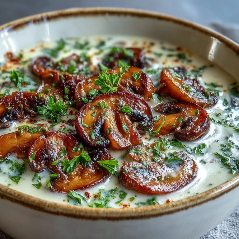 Prepared Creamy Mushroom Stroganoff Soup in a white ceramic pot, showing tender golden mushrooms and a thick, creamy texture.