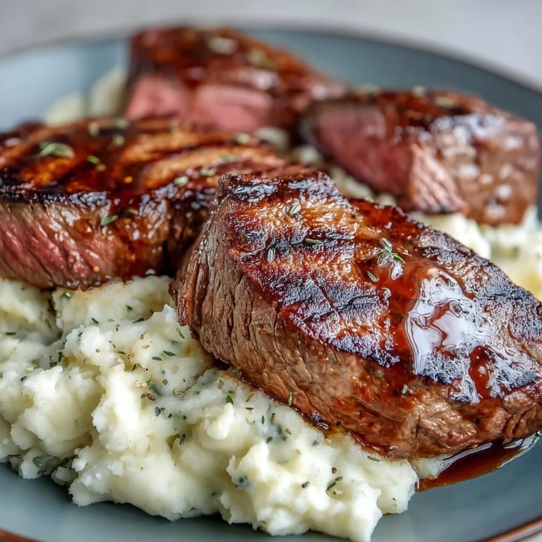 A close-up of tender venison slices alongside a rustic, buttery swede mash flecked with toasted caraway seeds.  