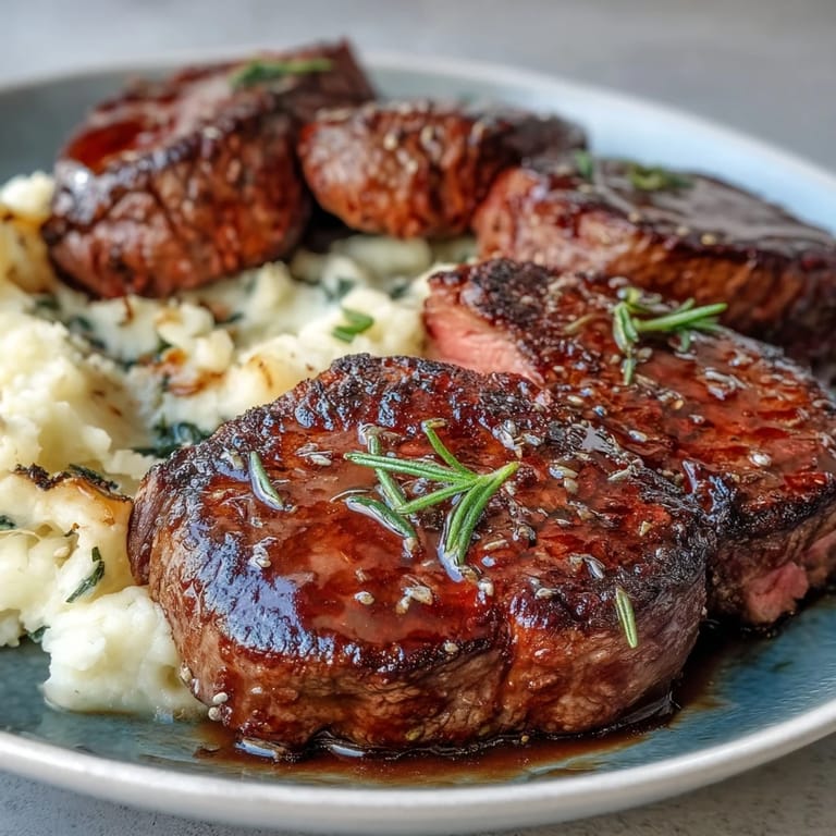 Hearty venison steaks served on a plate of savory swede mash, with an optional rich red wine sauce drizzled over.