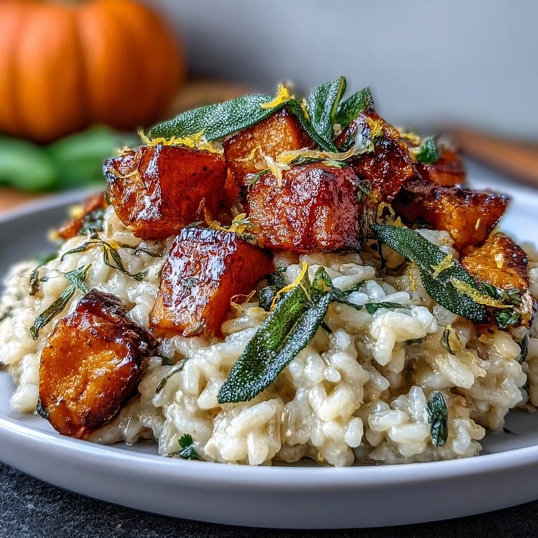 Serving suggestion for Vegan Pumpkin Risotto with a lemon wedge and fork on a cozy autumn dinner table.
