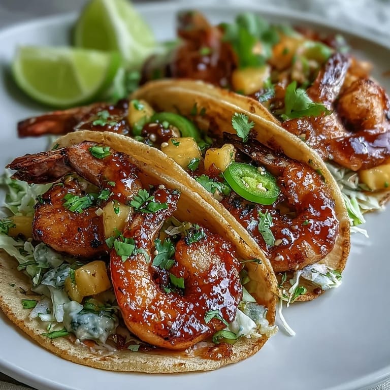 Juicy sriracha shrimp glisten beside vibrant mango salsa in a soft flour tortilla, finished with crunchy red cabbage and fresh lime wedges.