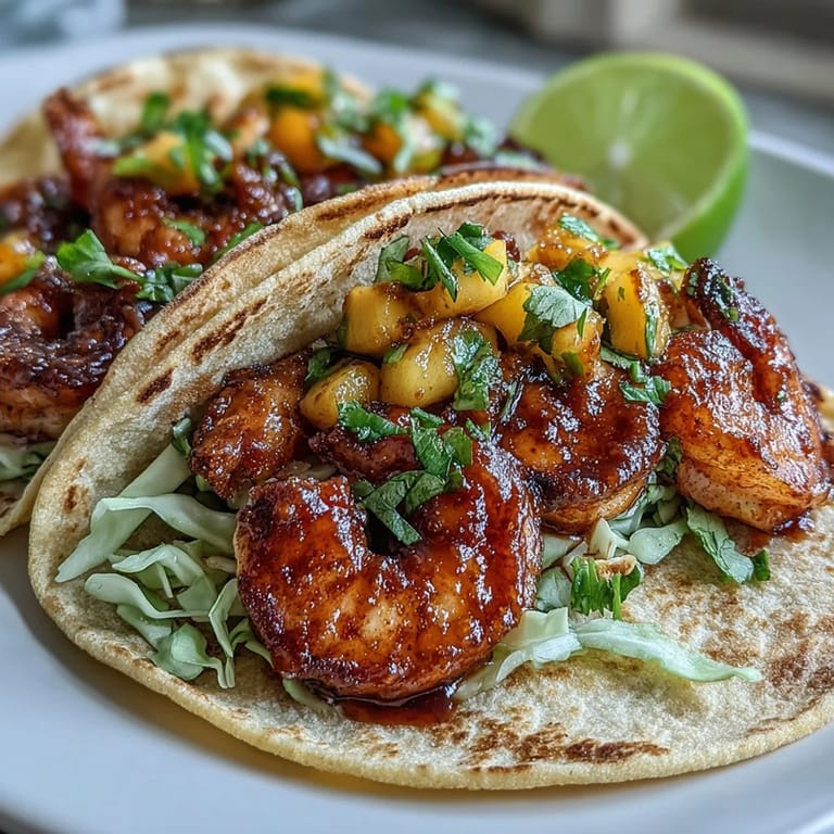 Golden shrimp tacos with homemade sriracha sauce and zesty mango salsa, garnished with cilantro and served with lime for a tangy kick.