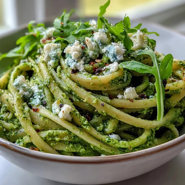 Vibrant green arugula pesto clings to al dente Linguine with Arugula Pesto in a white bowl with lemon.  