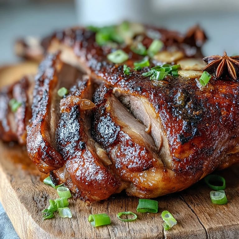 Aromatic Five-Spice Roast Duck carved on a wooden board, served with fluffy jasmine rice and vibrant stir-fried greens.