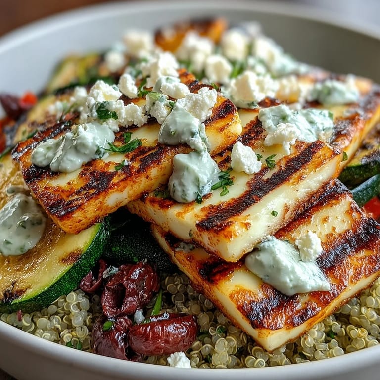 Overhead view of Healthy Grilled Mediterranean Bowl: grilled halloumi, roasted veggies, chickpeas, and cucumber, garnished with fresh parsley and lemon.