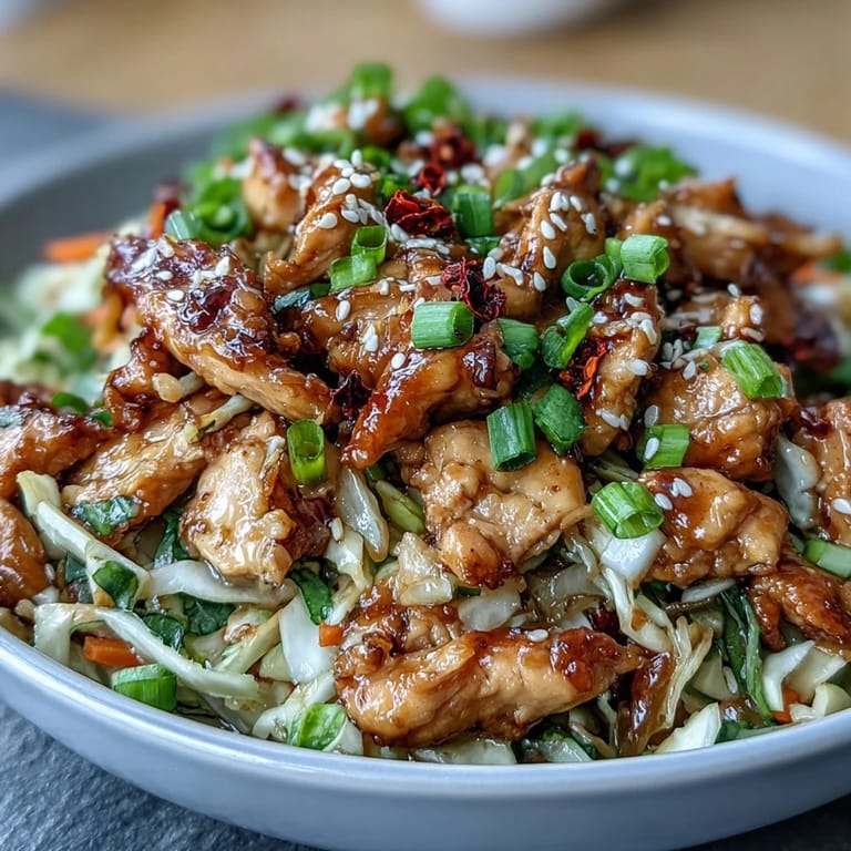 A deconstructed Egg Roll Bowls with chicken recipe topped with sesame seeds and chili crisp for heat.