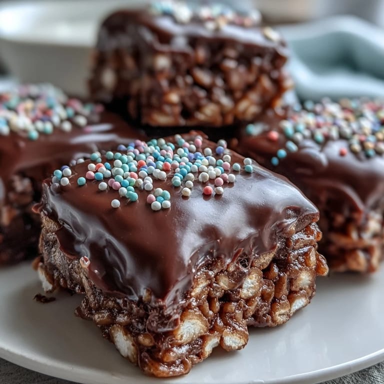 Close-up of Chocolate Covered Rice Krispy Treats showing crunchy cereal texture and gooey marshmallow layers drenched in rich melted chocolate.