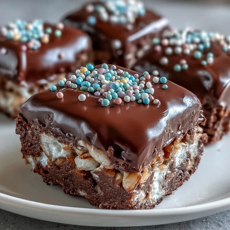 Festive Chocolate Covered Rice Krispy Treats stacked on a white plate, ready to serve with cold milk for a classic American dessert.