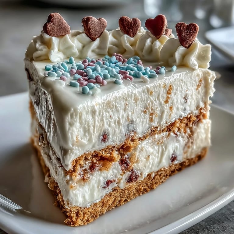 A whole Candy Hearts Fake Cake with pink whipped frosting and pastel conversation hearts, ready to serve with tea or rosé.