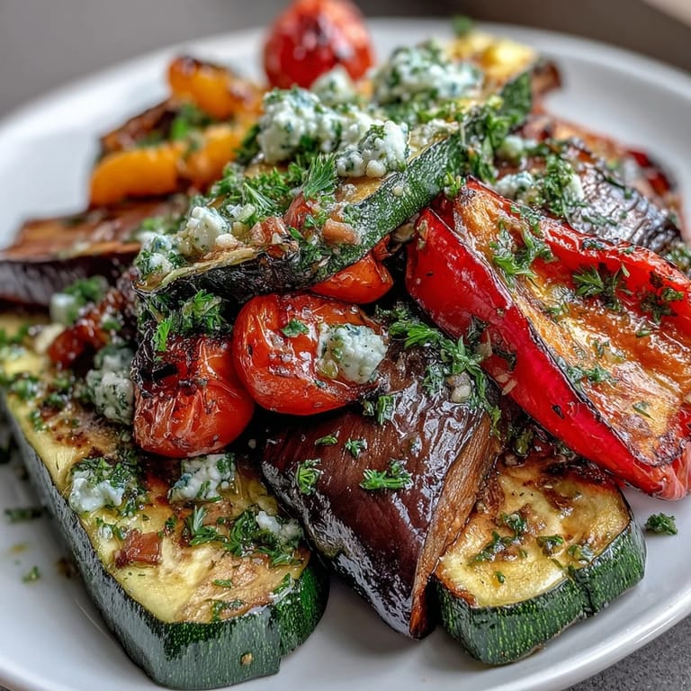 Colorful roasted Mediterranean Greek Vegetables with bell peppers and tomatoes, topped with crumbled feta and parsley.