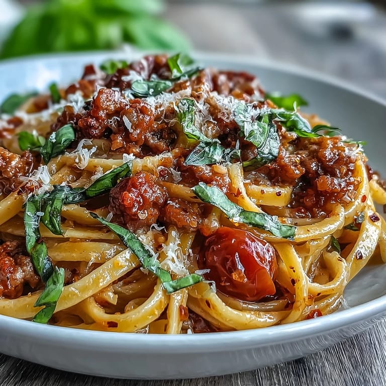 Garnished bowl of Italian Drunken Noodles featuring Parmesan cheese, fresh basil, and a vibrant Chianti tomato sauce.
