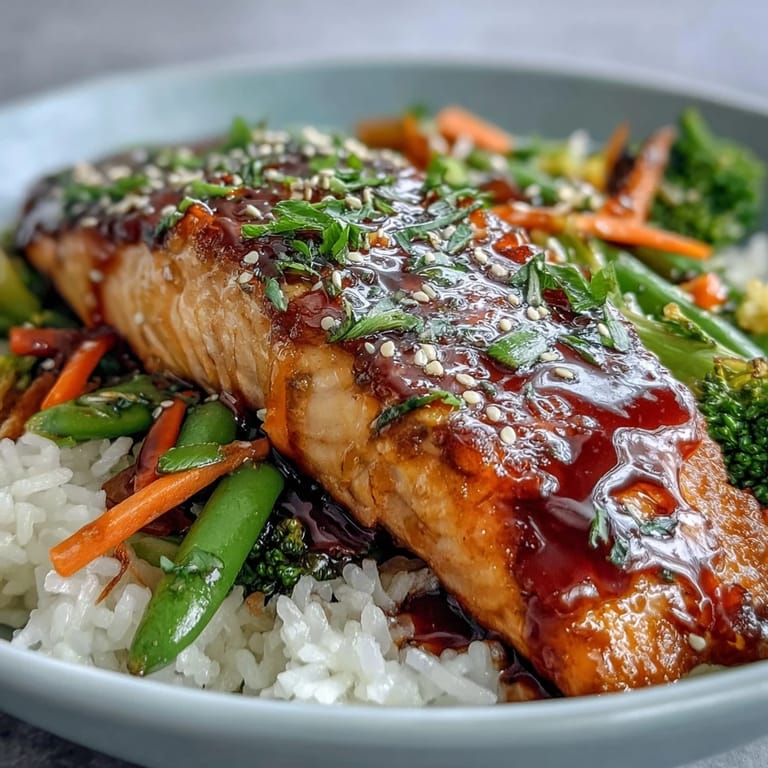 A close-up of the Teriyaki Salmon Bowl highlights the sticky sauce on tender salmon, contrasting with bright red bell peppers and julienned carrots.