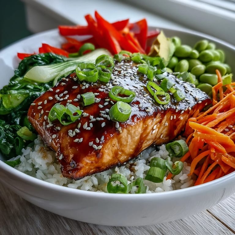 A vibrant soy ginger salmon bowl garnished with green onions and sesame seeds beside lime wedges for brightness.