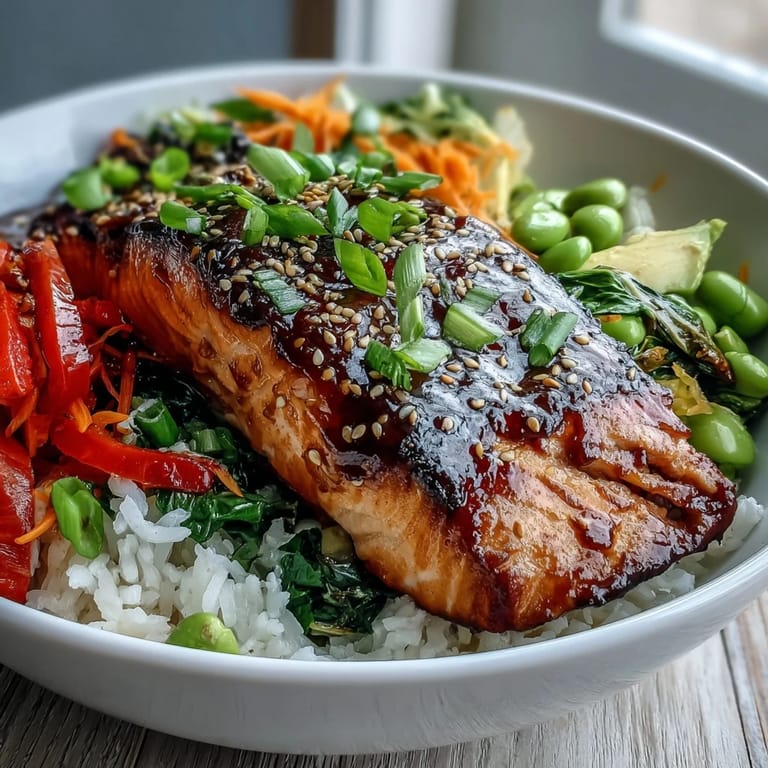 Close-up of a savory soy ginger salmon bowl with steamed rice, edamame, carrots, and tender bok choy.