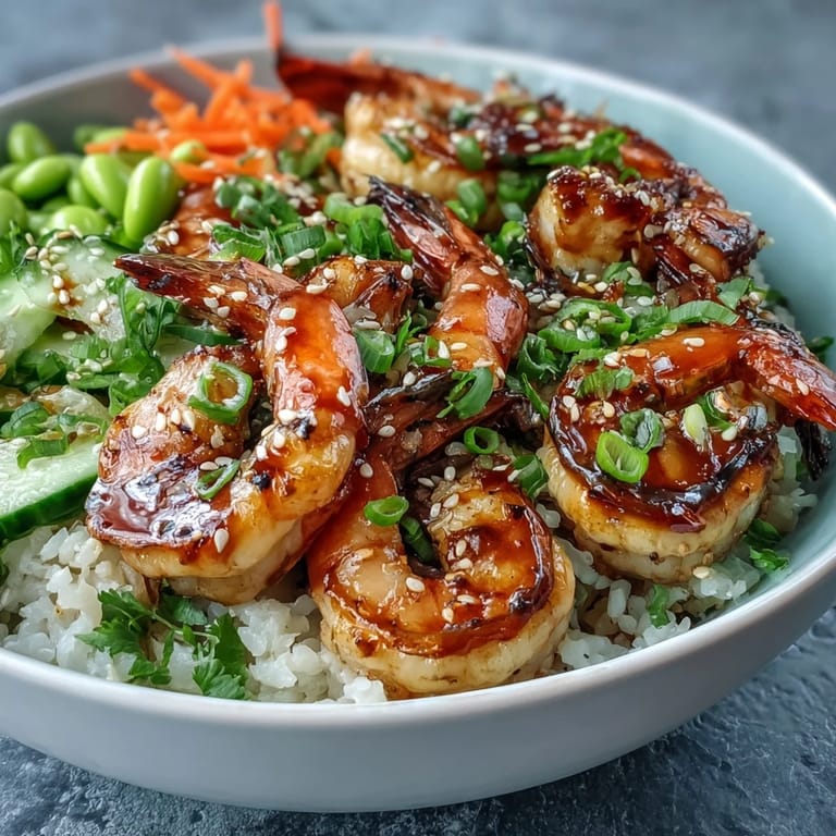 A close-up of a colorful Asian Shrimp Bowl shows juicy grilled shrimp, fresh veggies, and a drizzle of ginger-sesame dressing.  