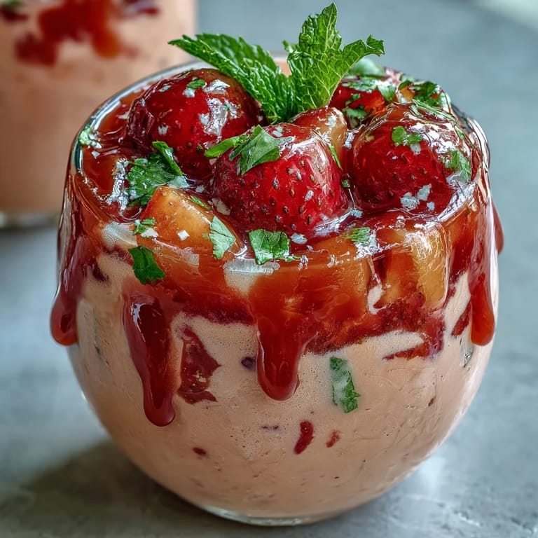 Refreshing tropical guava juice smoothie blended with mixed fruit, Greek yogurt, and a drizzle of honey for breakfast.