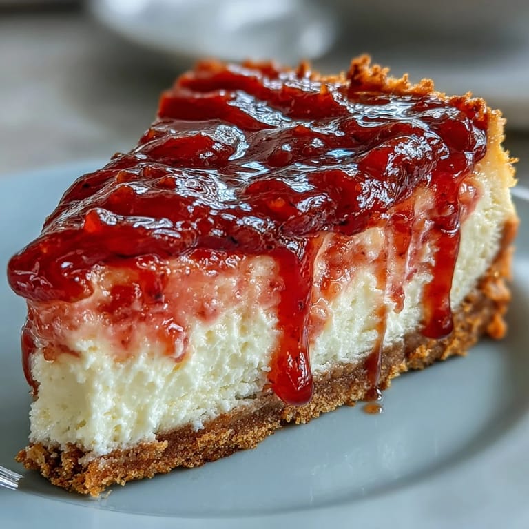 Close-up of no-bake Easy Guava Swirl Cheesecake slice served on a white dessert plate.