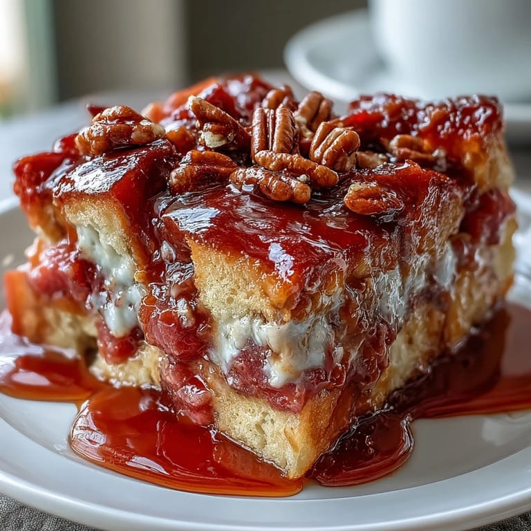 Freshly baked Guava Caramel Bread Pudding With Pecans topped with a drizzle of caramel sauce.