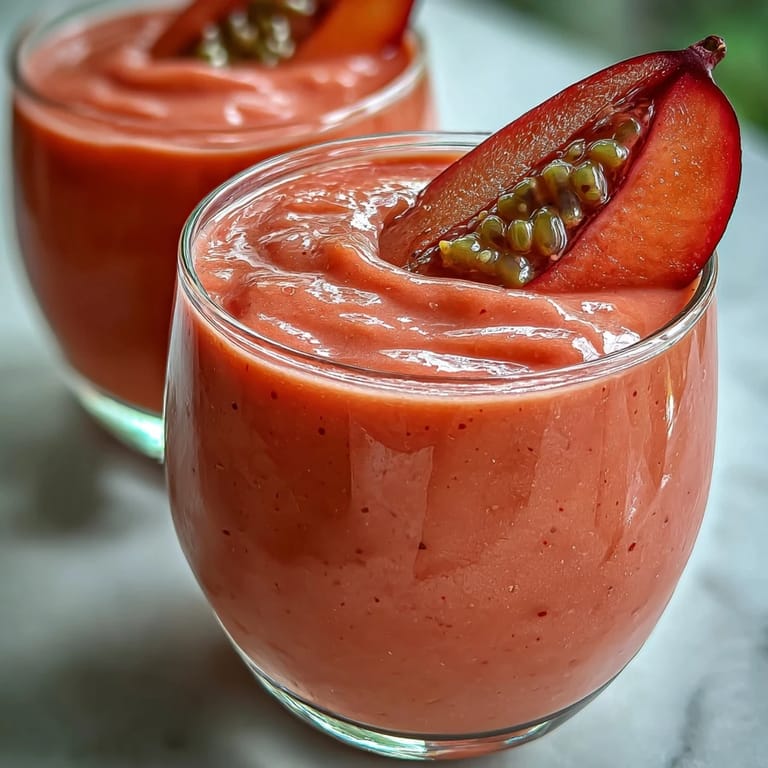 A tall glass of Guava Banana Smoothie beside ripe guavas and a banana on a rustic counter, showing the thick, pink-blended texture.