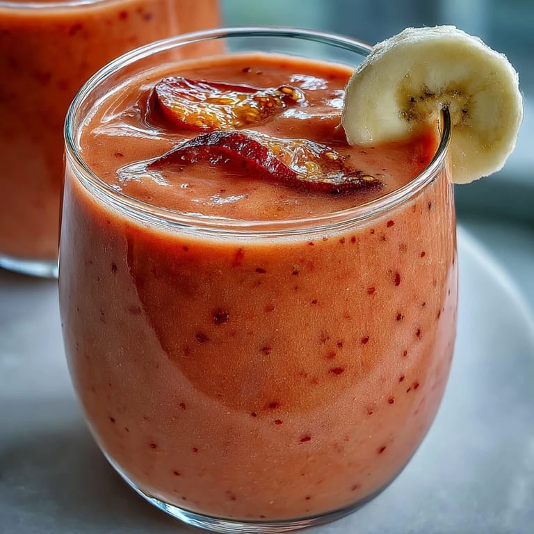 Overhead view of a vibrant Guava Banana Smoothie poured into a clear glass with ice, featuring sliced fruit on the rim for garnish.